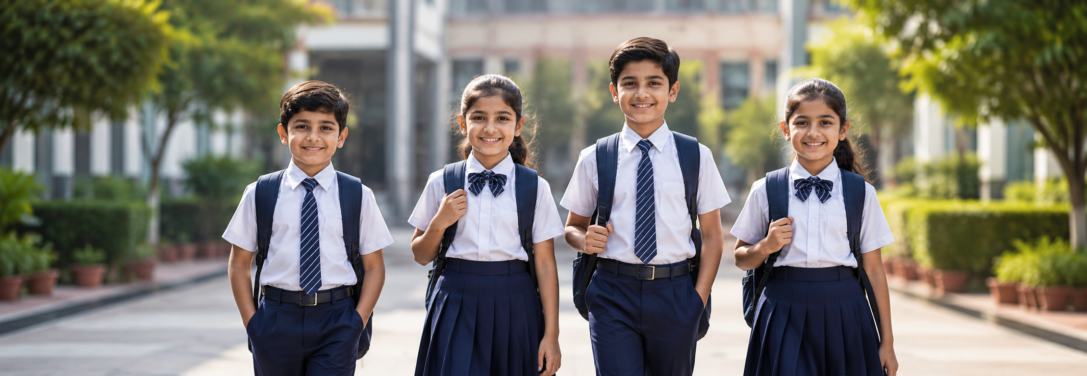 Students wearing modern school uniforms